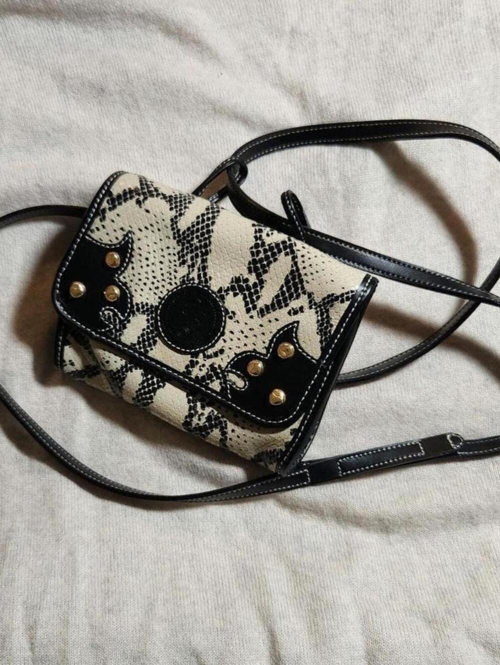 Carlos Falchi Vintage 1990s Snakeskin Black Leather Crossbody Gold Studded